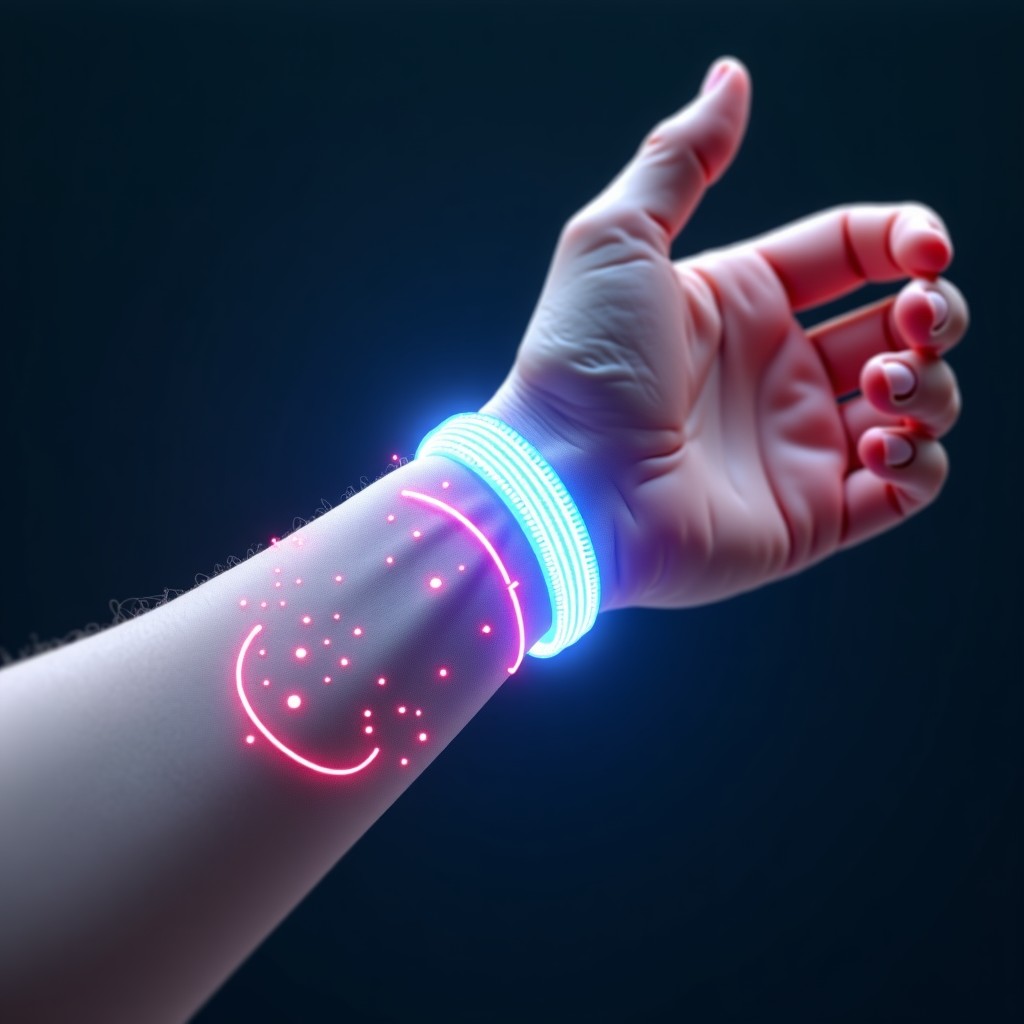 A futuristic wearable bio-sensor on a human wrist inspired by electric eel cells, glowing circuit patterns, soft lighting, high tech aesthetic, 1:1
