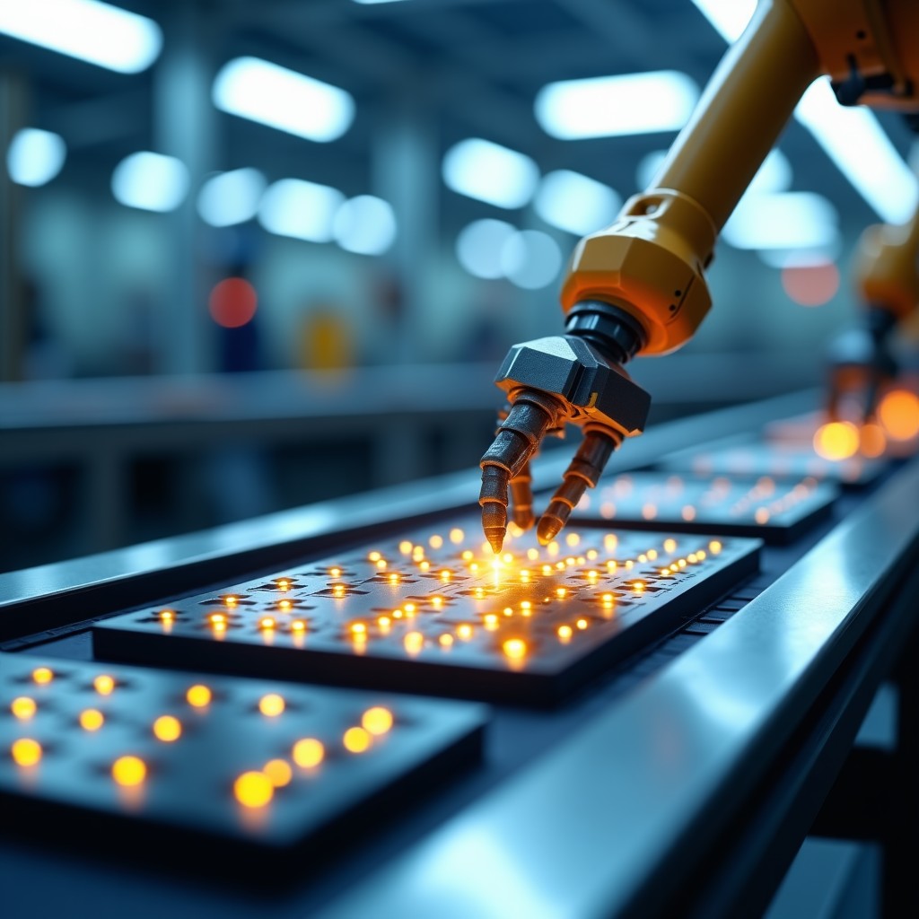 A clean and sophisticated automated assembly line for electric vehicle batteries. Robotic arms are working precisely on battery cells. High-tech environment with cool tones and bright lighting. 4:3