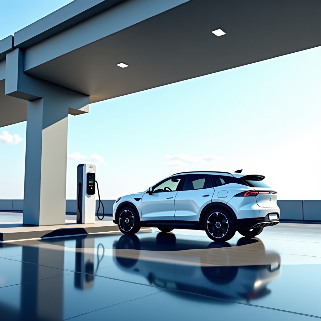 Modern electric vehicle charging stations at a bright Korean highway rest area, a white electric SUV being charged, clean environment, high contrast, 4:3