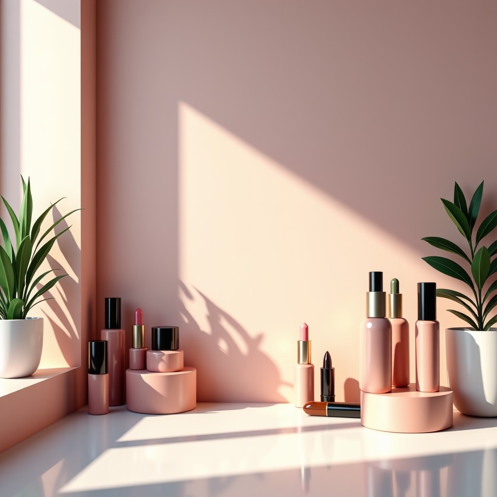 Modern makeup studio setting with soft focus on beauty products. Clean and sophisticated atmosphere. Aesthetic interior. 4:3