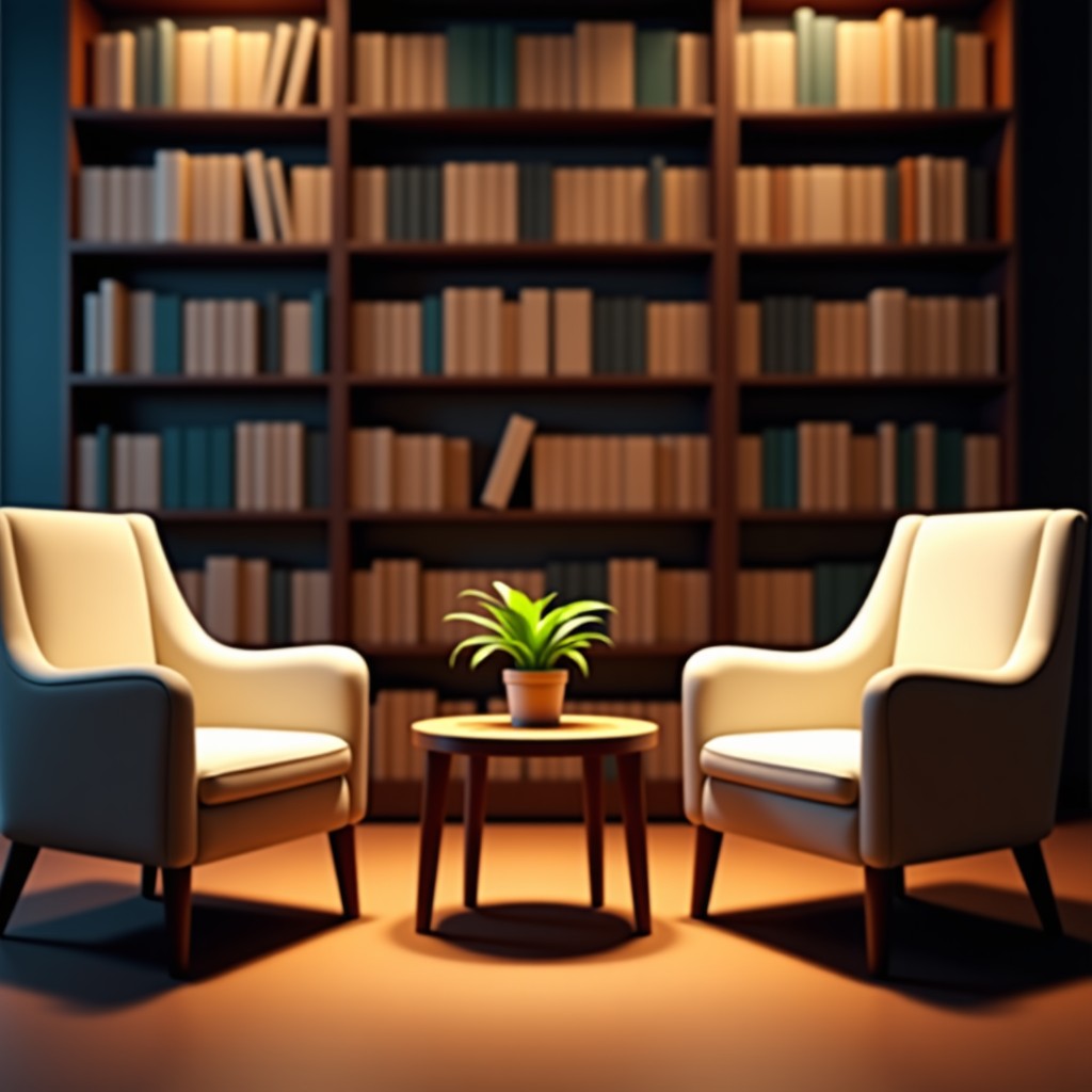 A professional and calm psychological counseling room with warm lighting, two comfortable armchairs facing each other, a wooden coffee table in between, a bookshelf filled with academic books in the background, realistic photography, cinematic lighting, 4:3