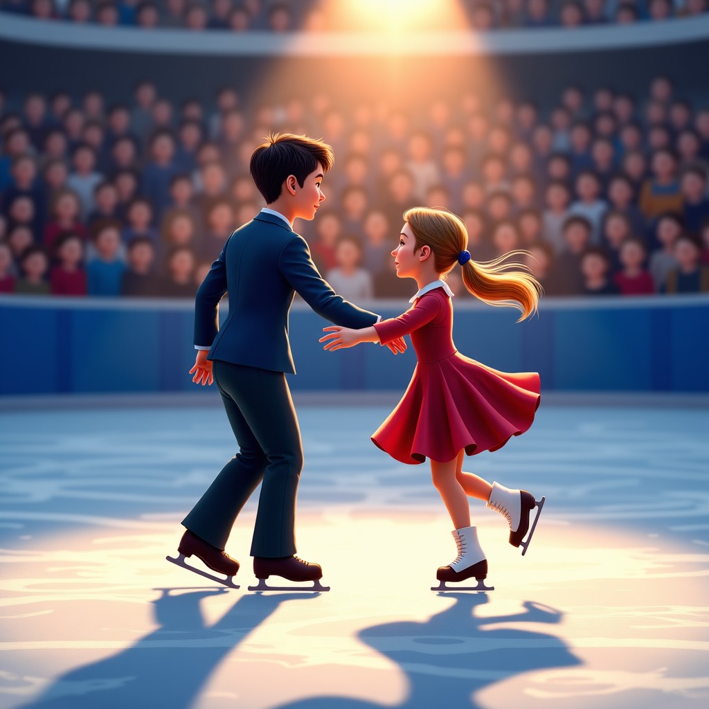 An artistic illustration of a legendary figure skater and a rising young star sharing a shimmering ice rink, glowing atmosphere, textured background with soft focus on a cheering crowd, 4:3
