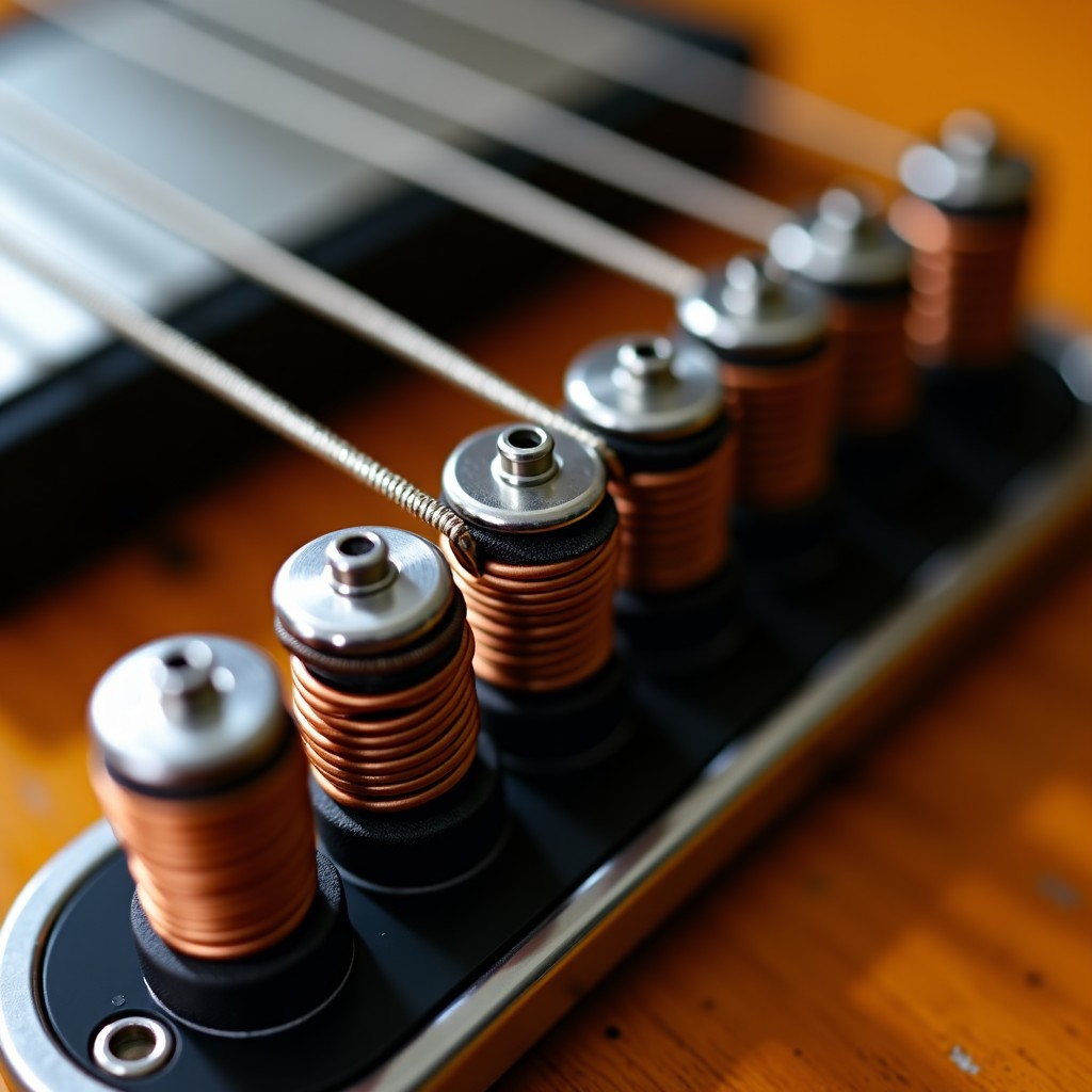 Close up macro shot of an electric guitar pickup, showing copper wire coils wound around metal magnets, steel strings vibrating slightly above, high contrast, scientific illustration style, 1:1