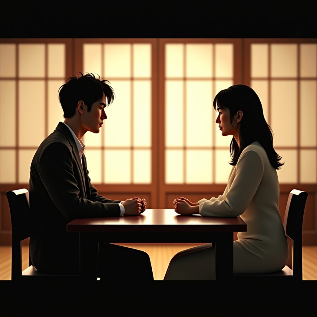 Two people sitting across a low table in a traditional Korean room with silk screens, intense but respectful gaze, cinematic lighting, warm wooden textures, 1:1