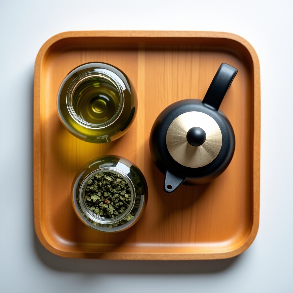 Top view of a wooden tray with a small teapot and dried mugwort leaves in a glass jar, organized and clean aesthetic, 4:3
