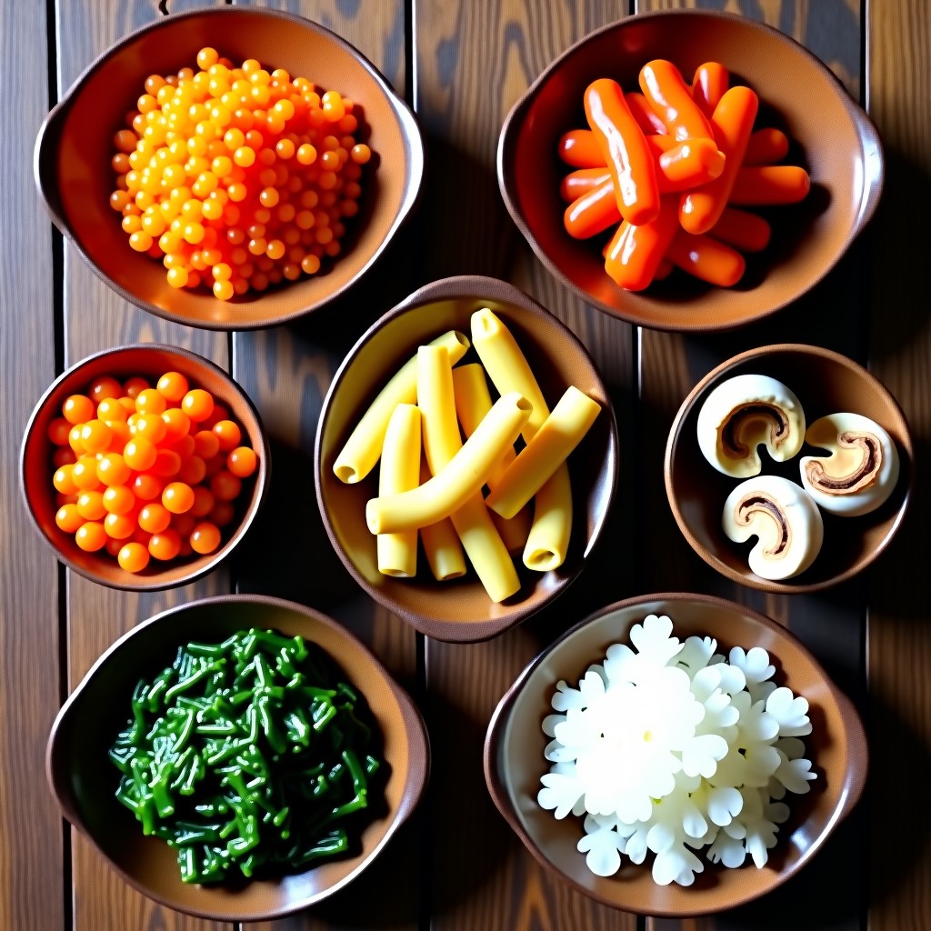 A variety of prepared Korean side dishes arranged in separate piles on a rustic wooden table, carrots, mushrooms, and green spinach, vibrant natural colors, top-down view. 4:3