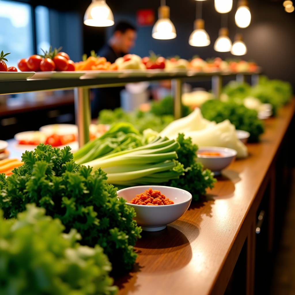 A clean and organized self-service bar with various fresh green vegetables, lettuce, and side dishes in a professional restaurant setting. 4:3