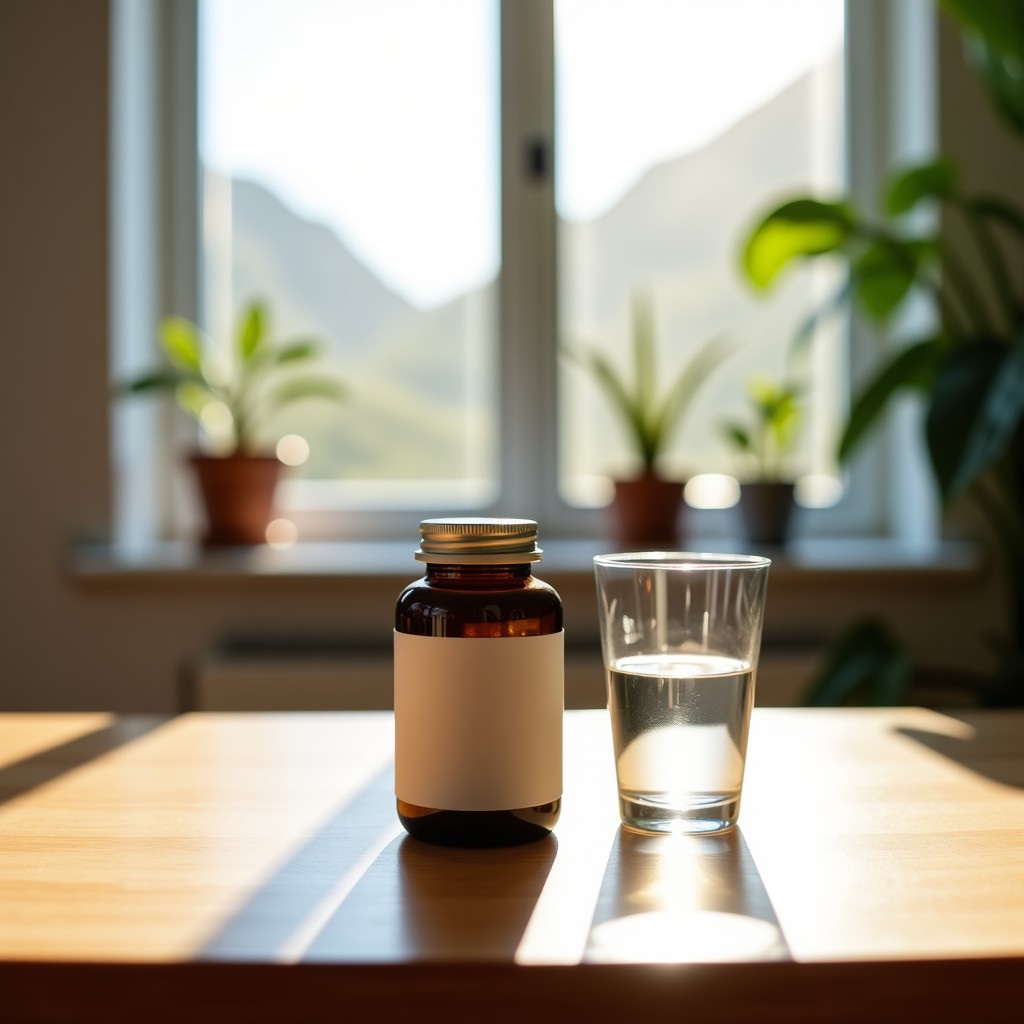 A clean and modern setup of a supplement bottle and a glass of clear water on a wooden table, soft natural sunlight coming through a window, zen atmosphere, 1:1