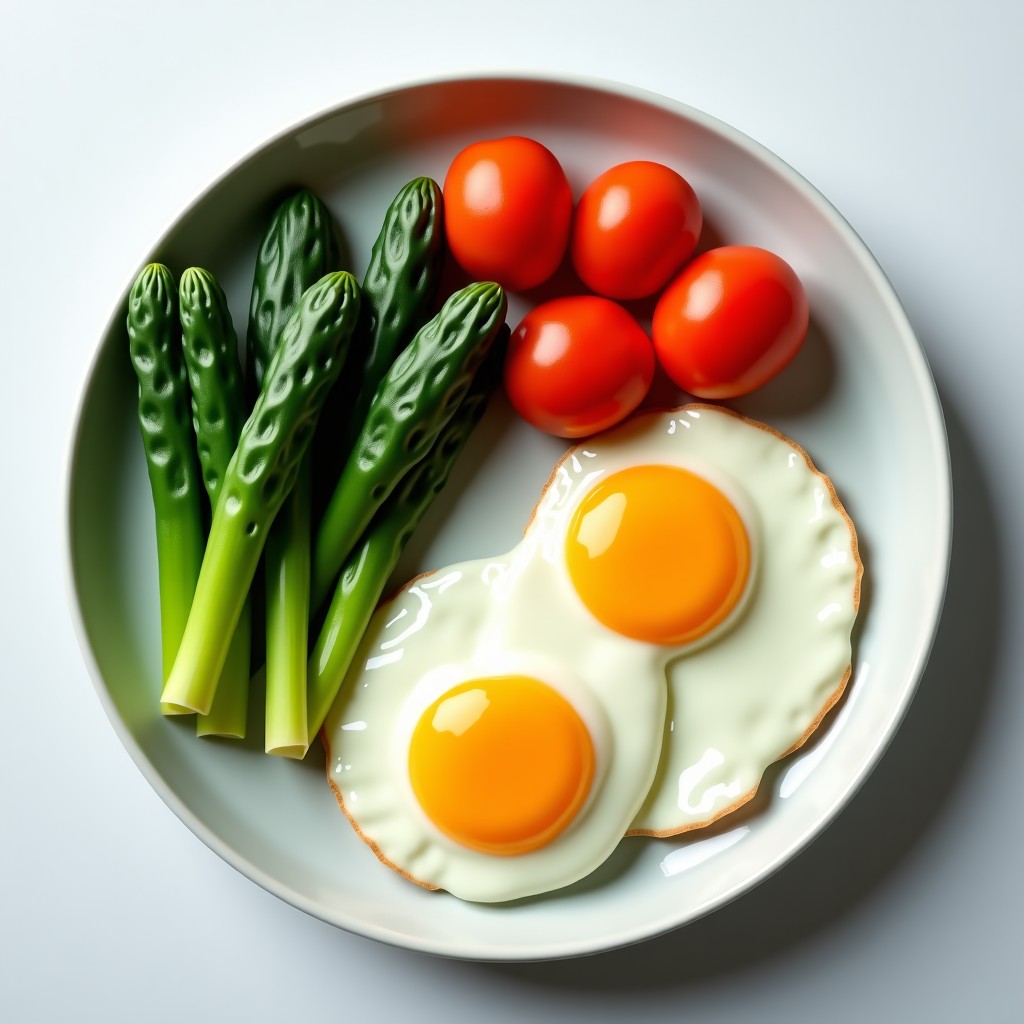 A balanced healthy Korean meal with steamed vegetables and eggs on a clean ceramic plate, bright and clean kitchen background, top view, 1:1