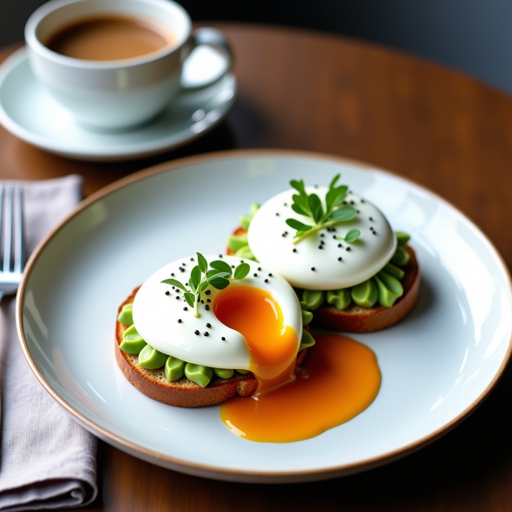 A beautifully plated dish of poached eggs on avocado toast, garnished with microgreens. The composition is elegant and highlights the vibrant orange yolk. A cup of coffee and a cloth napkin sit beside the plate. 4:3