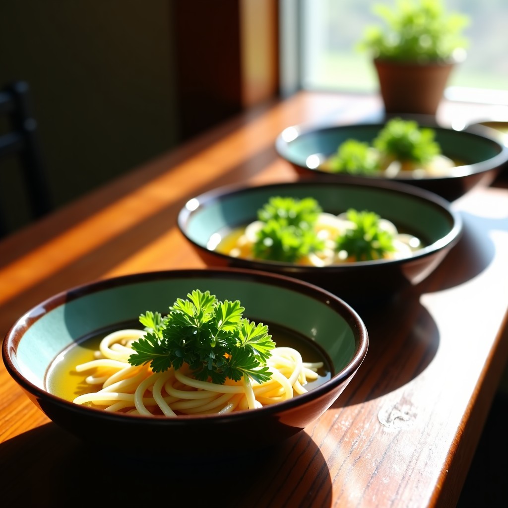 A traditional Korean meal set with seasoned water parsley dishes on a wooden table. Warm and natural lighting. 4:3