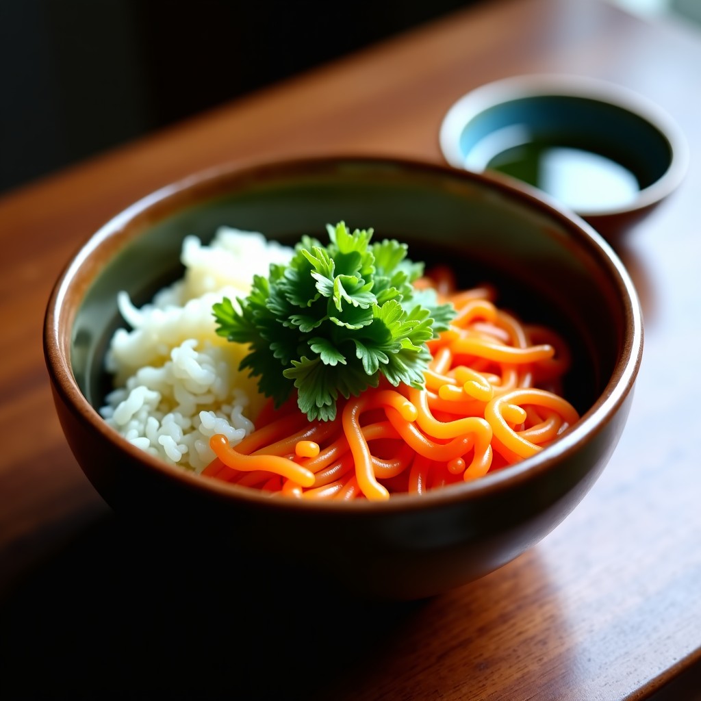 Lifestyle photography of a traditional Korean vegetable bibimbap served in a ceramic bowl with a small dish of green chili soy sauce on the side, soft natural lighting, high quality, authentic temple food atmosphere. 4:3