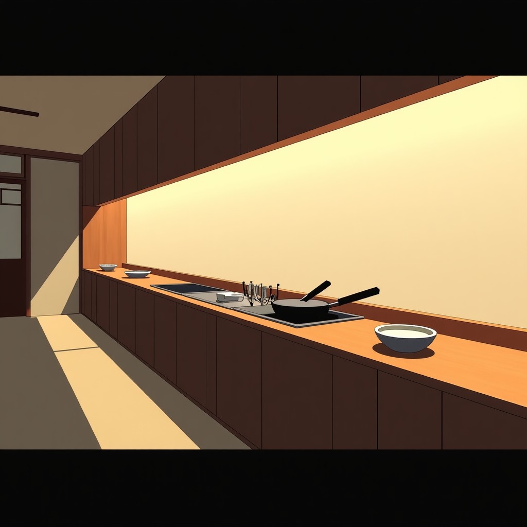 Interior of a small, very clean and minimalist Japanese restaurant with a long wooden counter and iron griddle, warm lighting, no people, 4:3