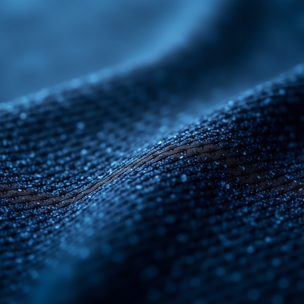 Extreme close up of high quality navy blue tweed fabric texture with subtle black threads interwoven, professional studio lighting, detailed fiber structure, 1:1