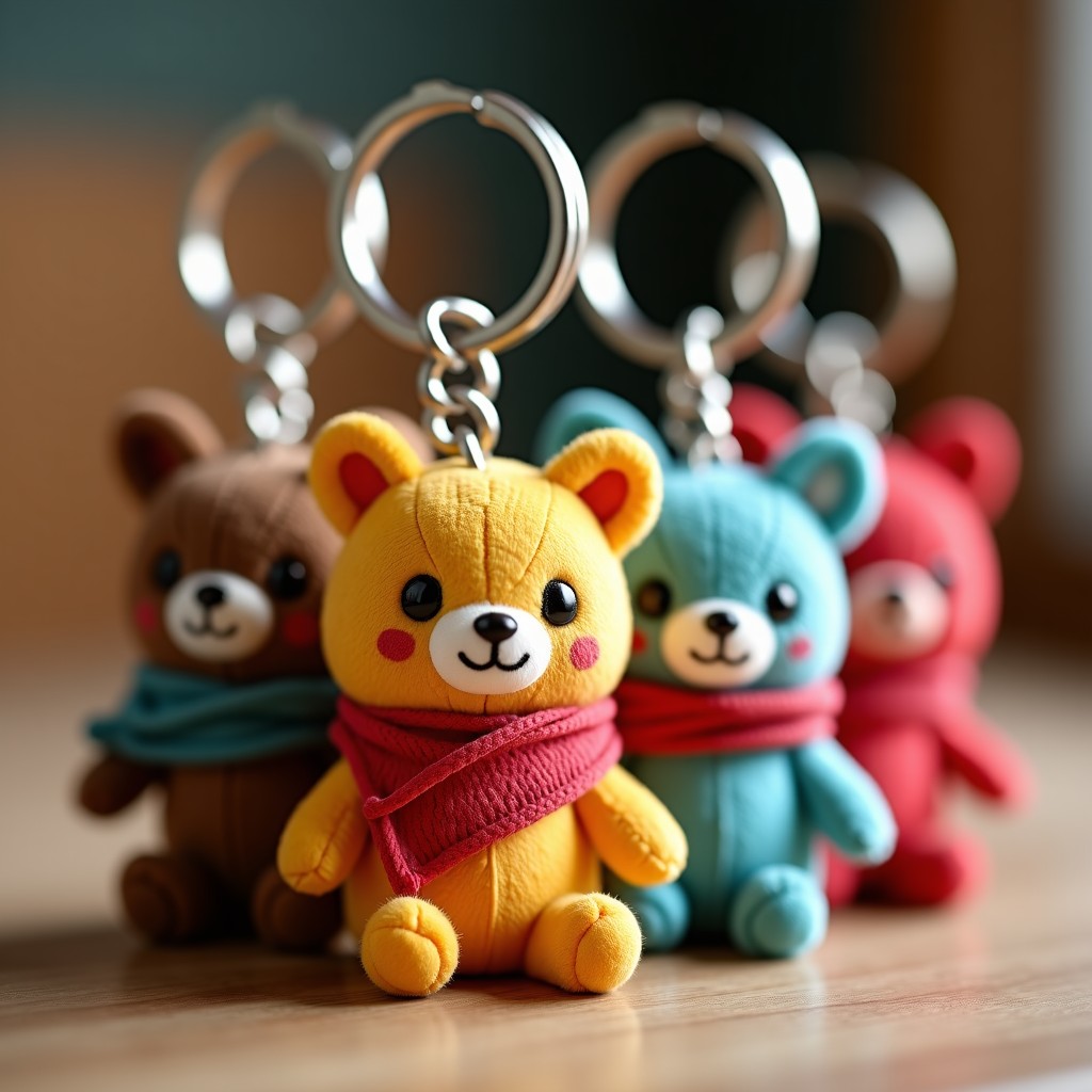 Close-up photography of cute character keyrings with intricate accessories and fabric details, high quality, lifestyle setting, 4:3