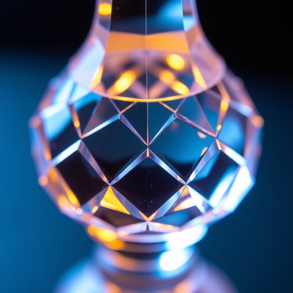 Macro shot of the intricate crystal facets of a Baccarat lamp. The lens captures the rainbow refraction of light through the glass. High detail, sharp focus, 1:1