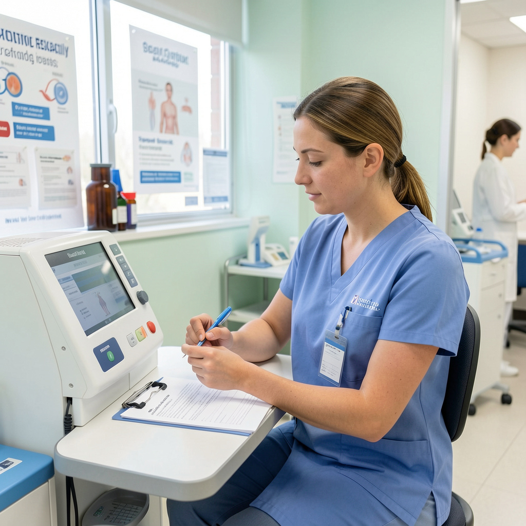 A person visiting a clinic for a routine health check-up, emphasizing the importance of regular screenings for sexually transmitted infections, in a 1:1 aspect ratio