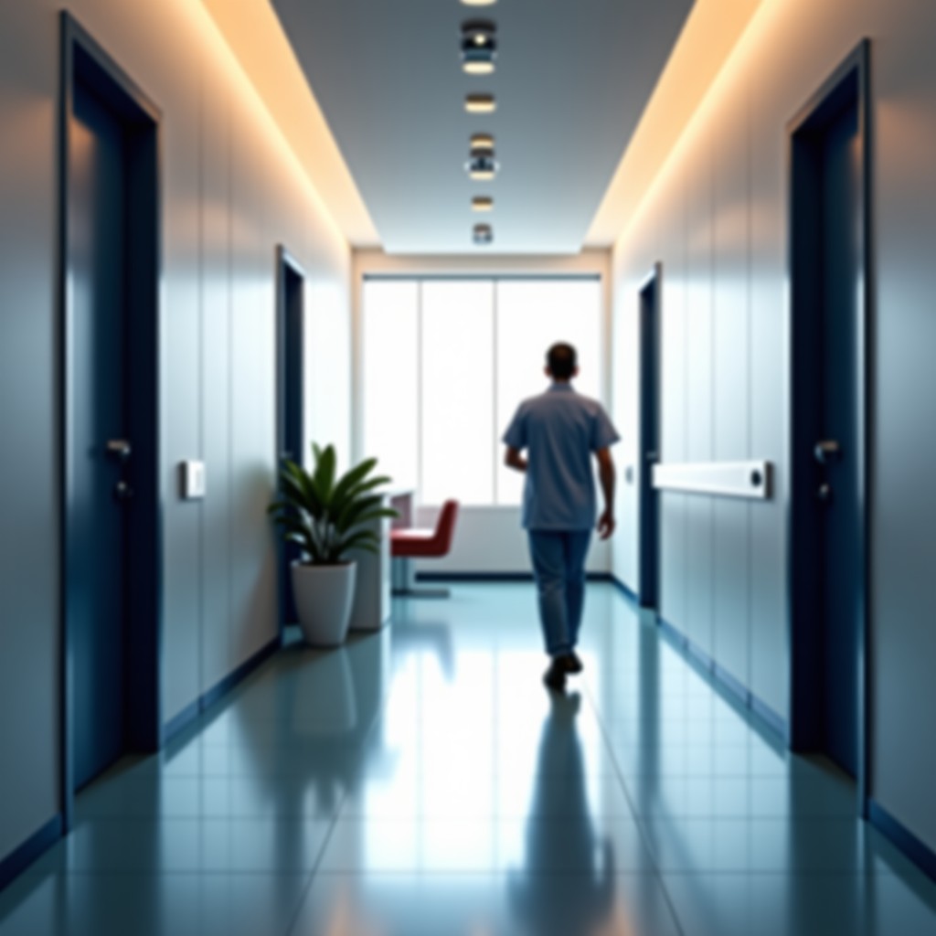 A modern and clean medical clinic hallway with a calm atmosphere. A patient is walking towards a consultation room with a sense of proactive health management. Soft lighting, high-end interior design, realistic architectural photography. 4:3
