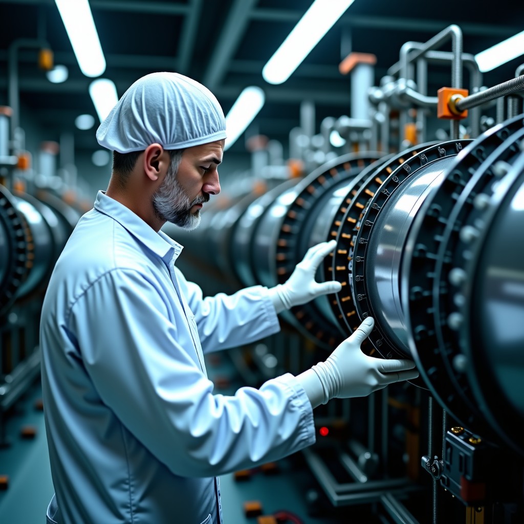 Professional aerospace engineers in cleanroom suits working on a complex and shiny rocket engine inside a high-tech facility. Intricate machinery and electronic components are visible. The lighting is bright and industrial. Close-up shot, detailed composition. 4:3