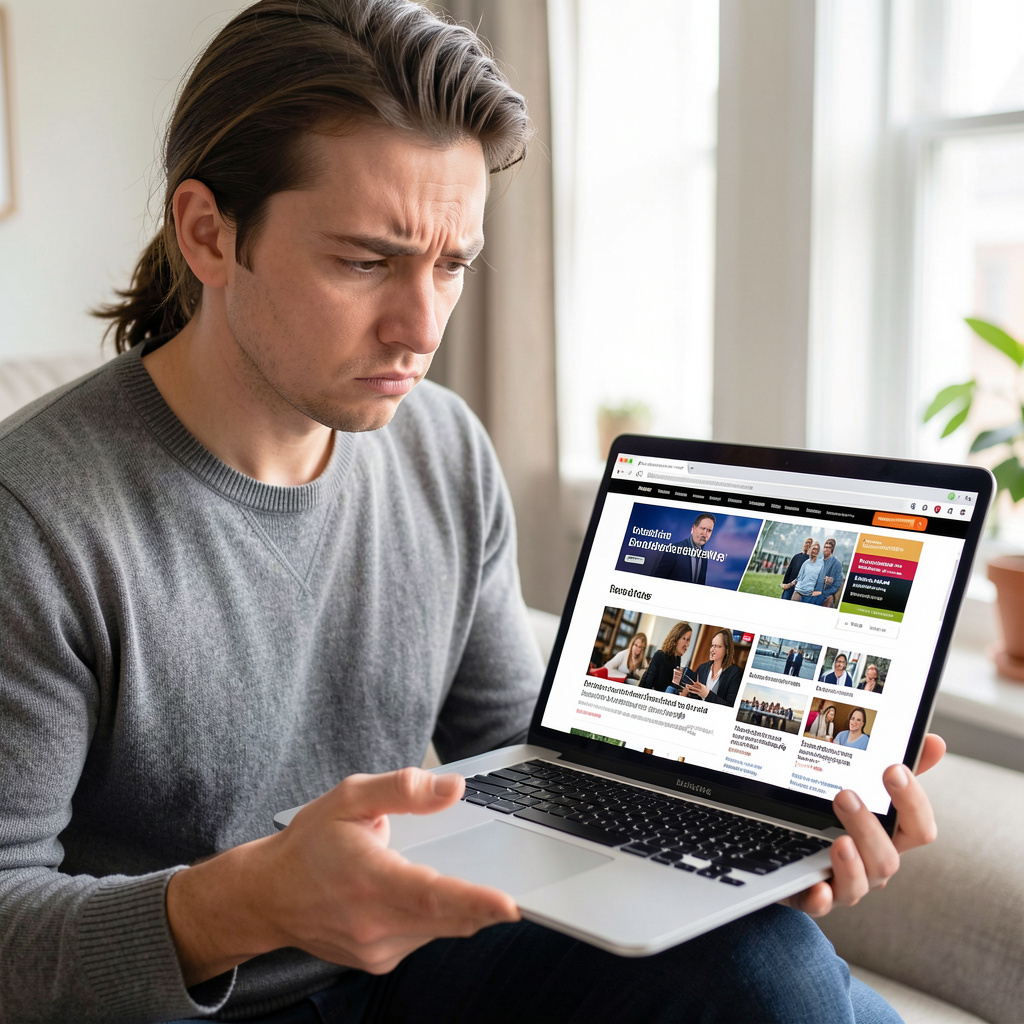 A person holding a laptop and checking a news website with a skeptical expression, realistic style, 1:1