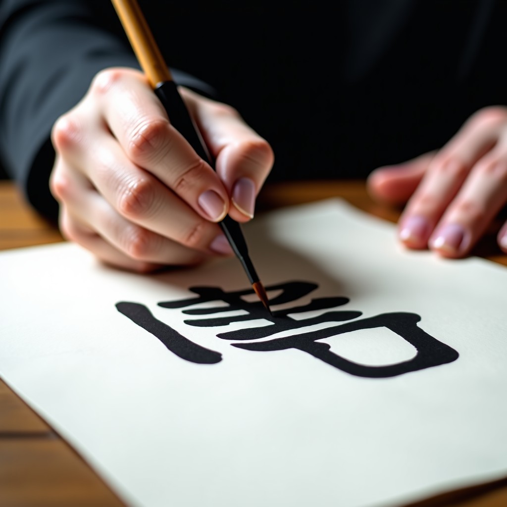Close up shot of hands writing Korean calligraphy Ipchun Daegil with a brush and black ink on white paper, traditional ink stone and paper background, high contrast, focused and artistic composition, 4:3
