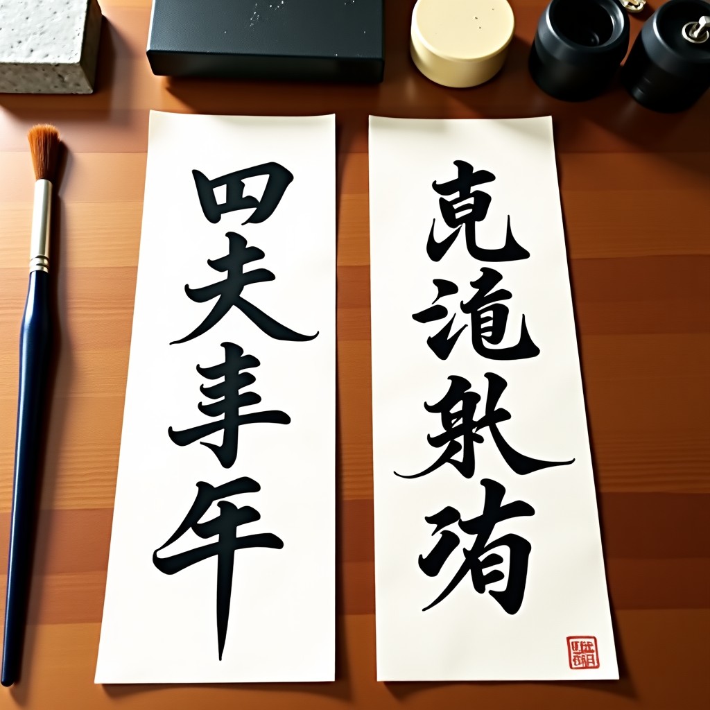 Traditional Korean calligraphy of Ipchun-daegil and Geonyang-dagyeong on two vertical white paper strips, placed on a wooden table with a brush and ink stone, 1:1