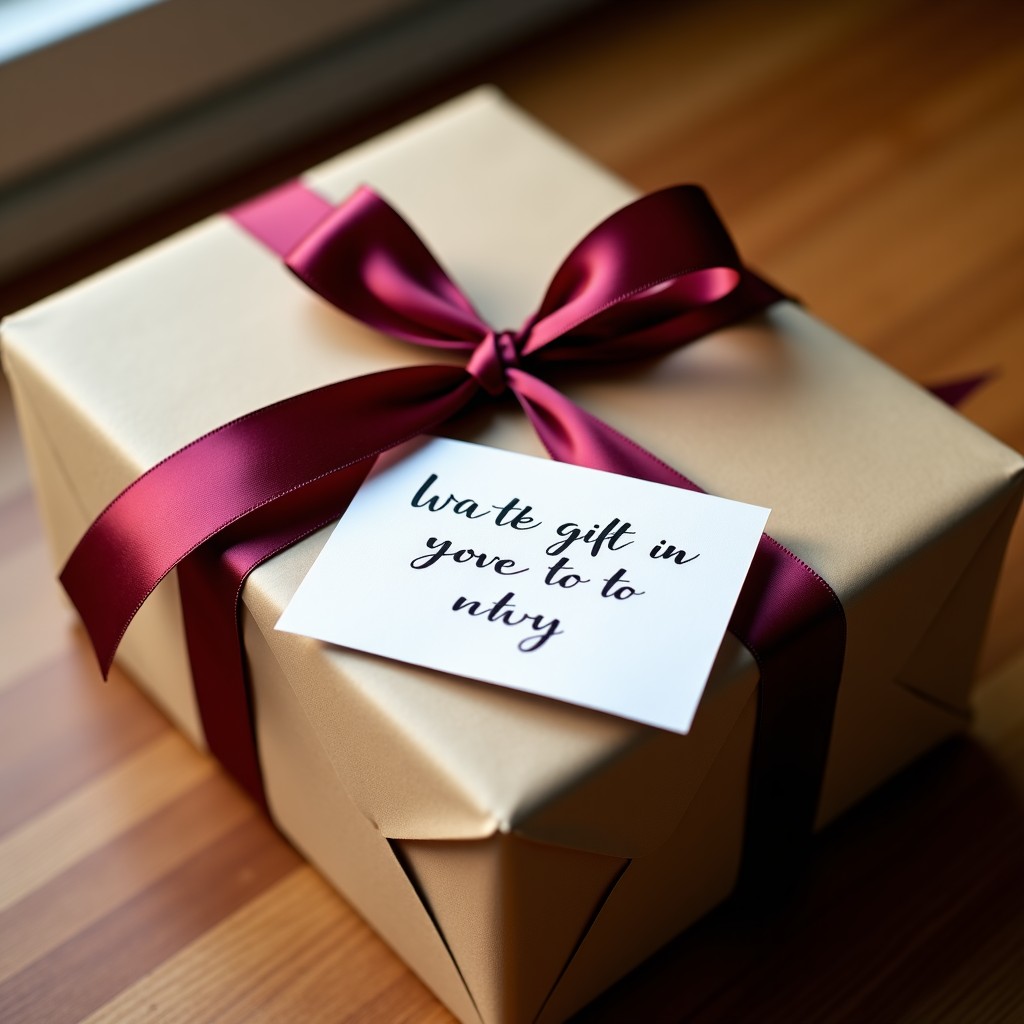 A close-up of a beautifully wrapped gift with a silk ribbon and a handwritten card on a wooden desk, warm lighting, lifestyle photography, 4:3