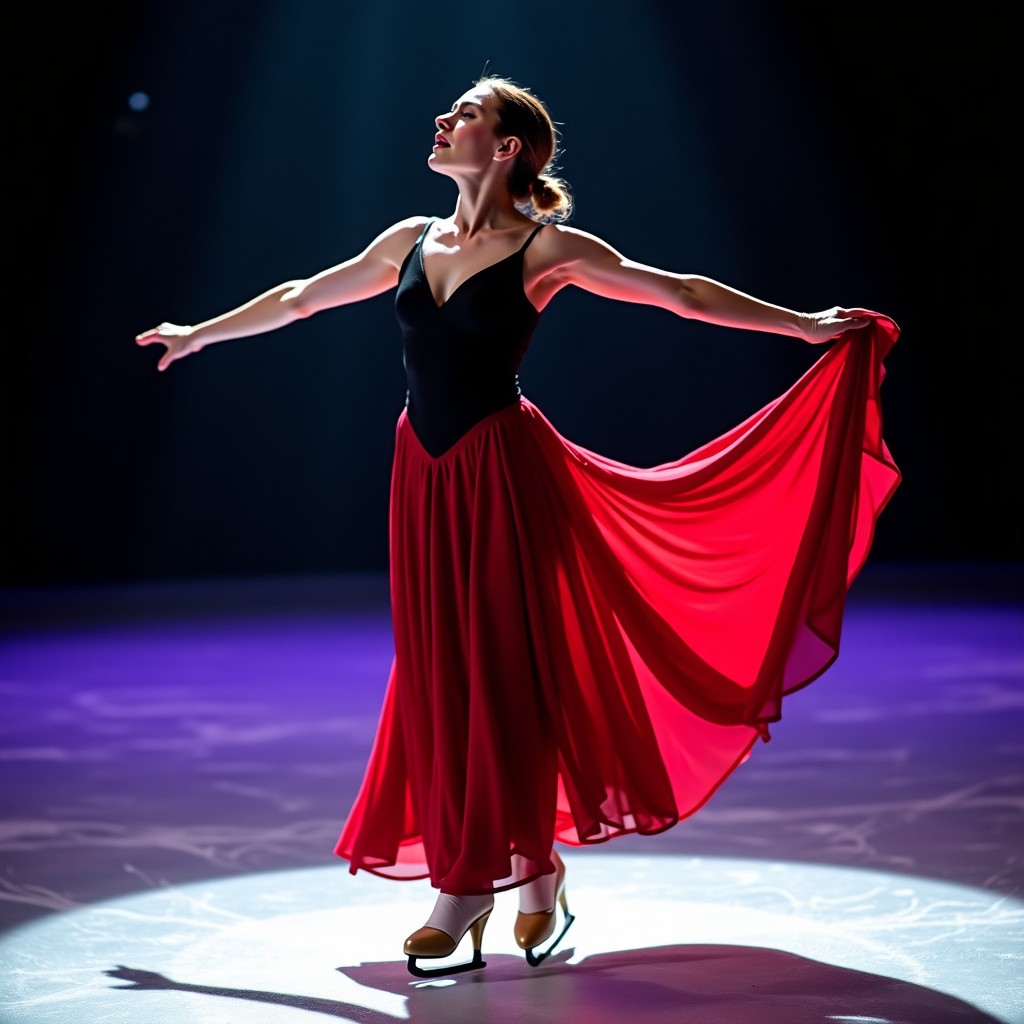 A dramatic close-up of a female figure skater in a red and black dress inspired by Carmen. She is capturing a powerful emotional expression on the ice. The lighting is focused and theatrical. High contrast. 4:3