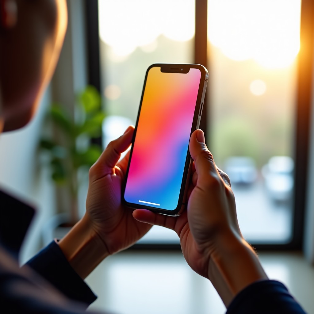 A close-up shot of hands holding a smartphone displaying a colorful app interface at noon. Sunlight coming through a window, modern home office background, sharp focus on the screen. 1:1