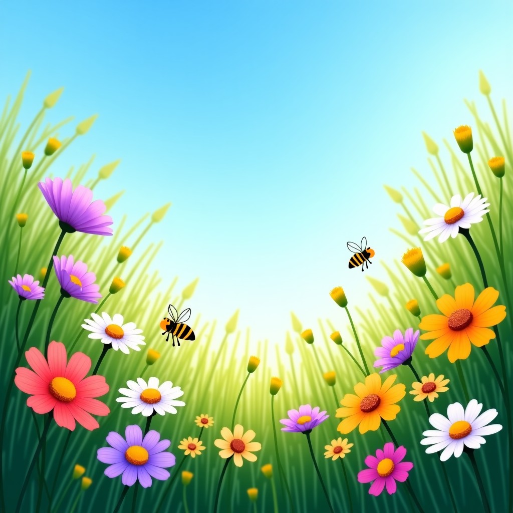 A lush green garden with various colorful wildflowers. A few honey bees are flying between the flowers under a bright blue sky. Peaceful and natural atmosphere. 4:3