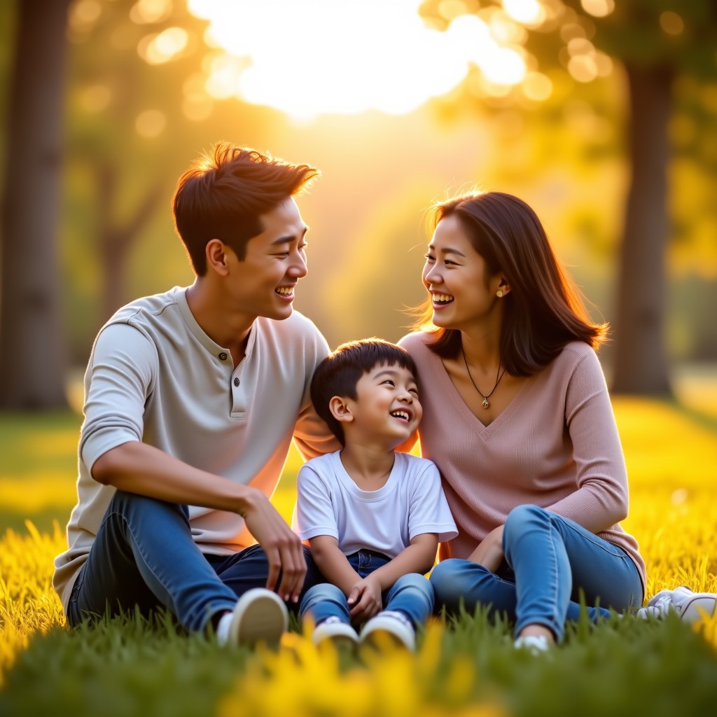 A warm lifestyle photography of a young Korean couple sitting in a sunny garden with their teenage son laughing together. The lighting is golden and soft. The atmosphere is peaceful and filled with love. 4:3