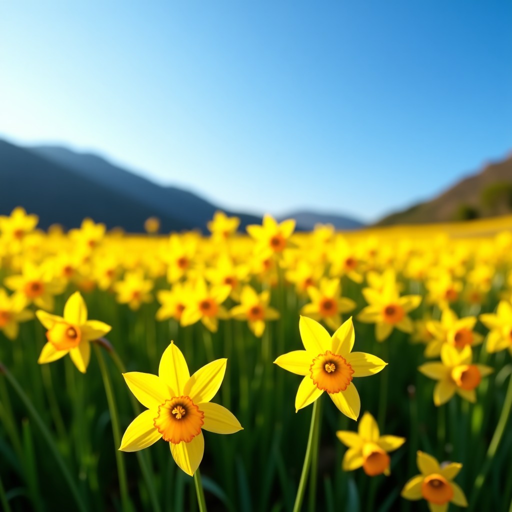 A field of yellow narcissus flowers blooming in early spring under a clear blue sky, Jeju island landscape background, vibrant colors, 4:3