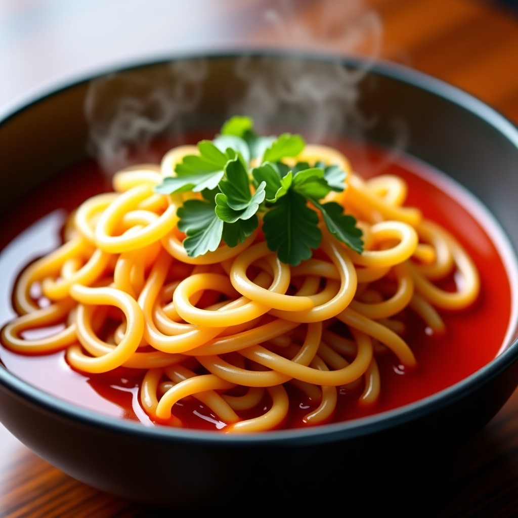 A close-up shot of cooked Rappok-guri noodles in a bowl. The sauce is glossy red and covers the noodles evenly. Steam is rising from the bowl. Professional food photography style with warm lighting. 4:3