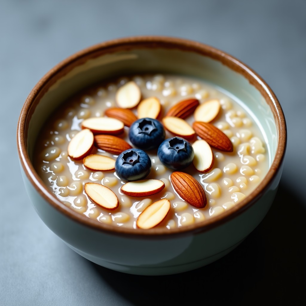A close-up shot of a ceramic bowl filled with cooked steel-cut oats, topped with sliced almonds and a few blueberries. High contrast, clean layout. 4:3