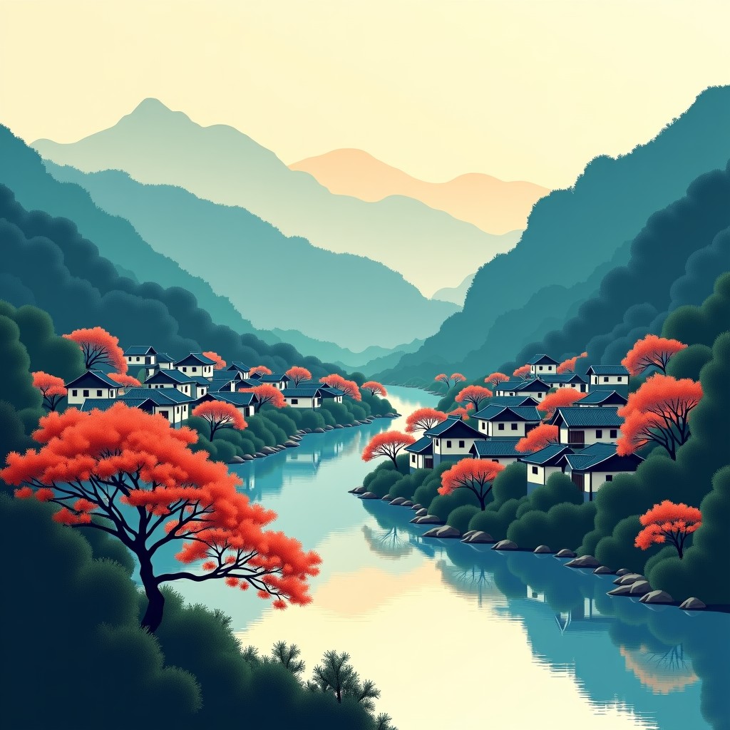 A peaceful traditional Korean village landscape with mountains and a river in Yeongwol, styled like a classic Korean ink wash painting but with colors. high contrast, artistic rendering. 4:3