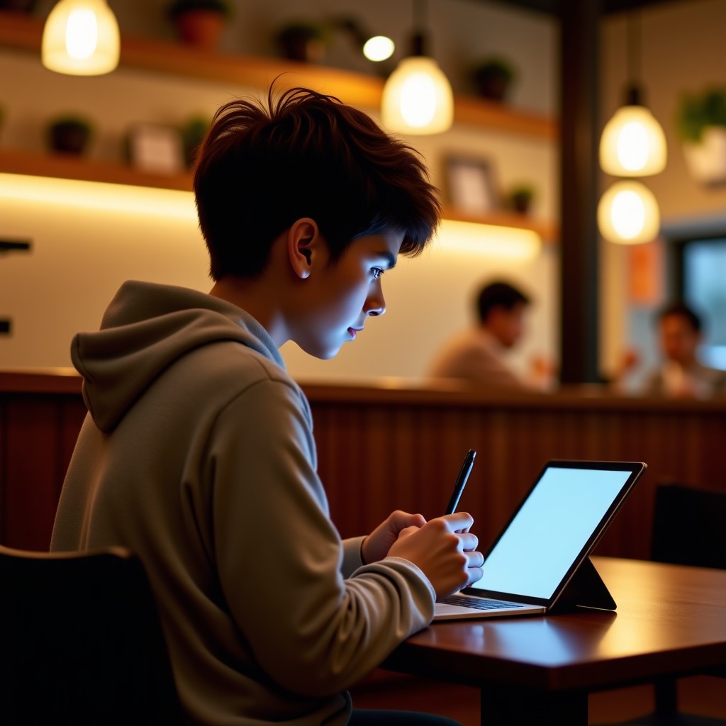 A young person studying with a TOEIC textbook and a tablet in a cozy cafe, warm ambient lighting, realistic lifestyle photography, focused expression, 1:1