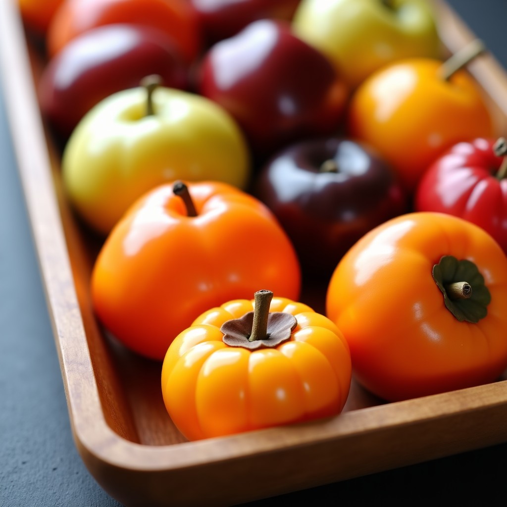 Close-up of various Korean ritual fruits like jujubes, chestnuts, pears, and persimmons arranged in a row on a wooden tray. The fruits are fresh and colorful. High contrast and clean layout. 4:3