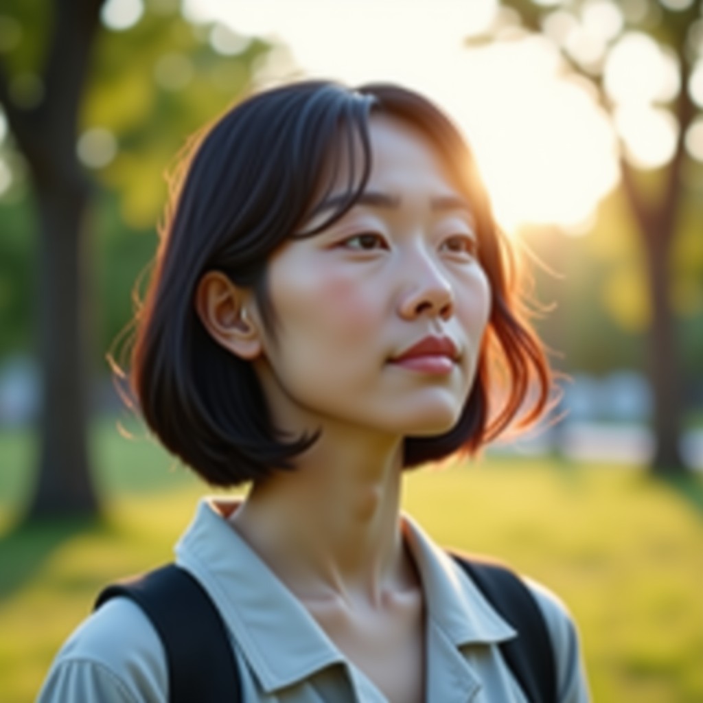 A close-up shot of a Korean person with a peaceful expression, standing in a serene park with soft sunlight filtering through trees. Detailed composition, calm and balanced atmosphere. 1:1