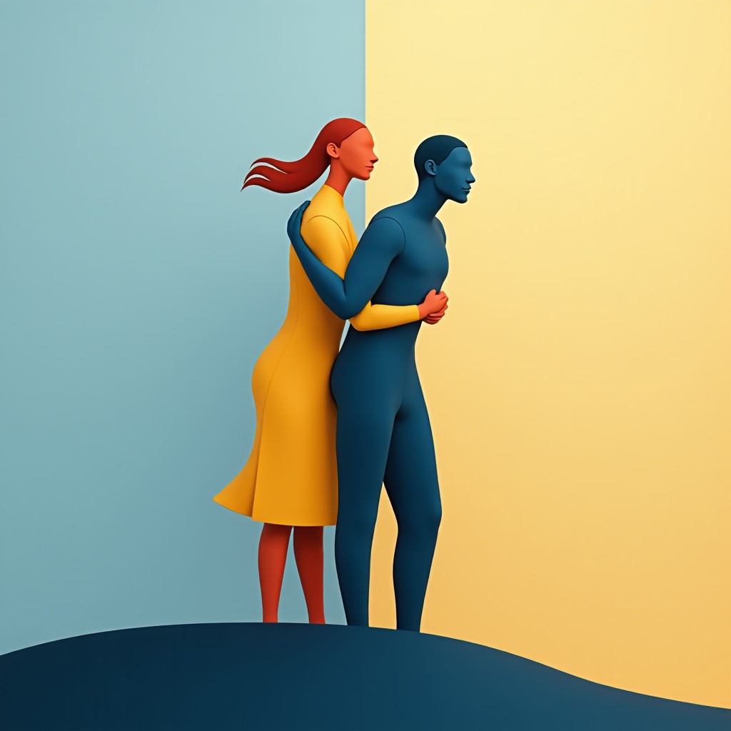 An artistic rendering of two abstract figures in a harmonious composition, suggesting support and solidarity. The background is a soft gradient of blue and gold. Clean and elegant style, no text, balanced lighting, 4:3