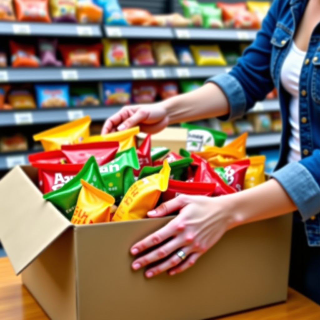 A person hands carefully stacking various colorful snack bags into a large cardboard box at a supermarket. Professional lifestyle photography style. 4:3