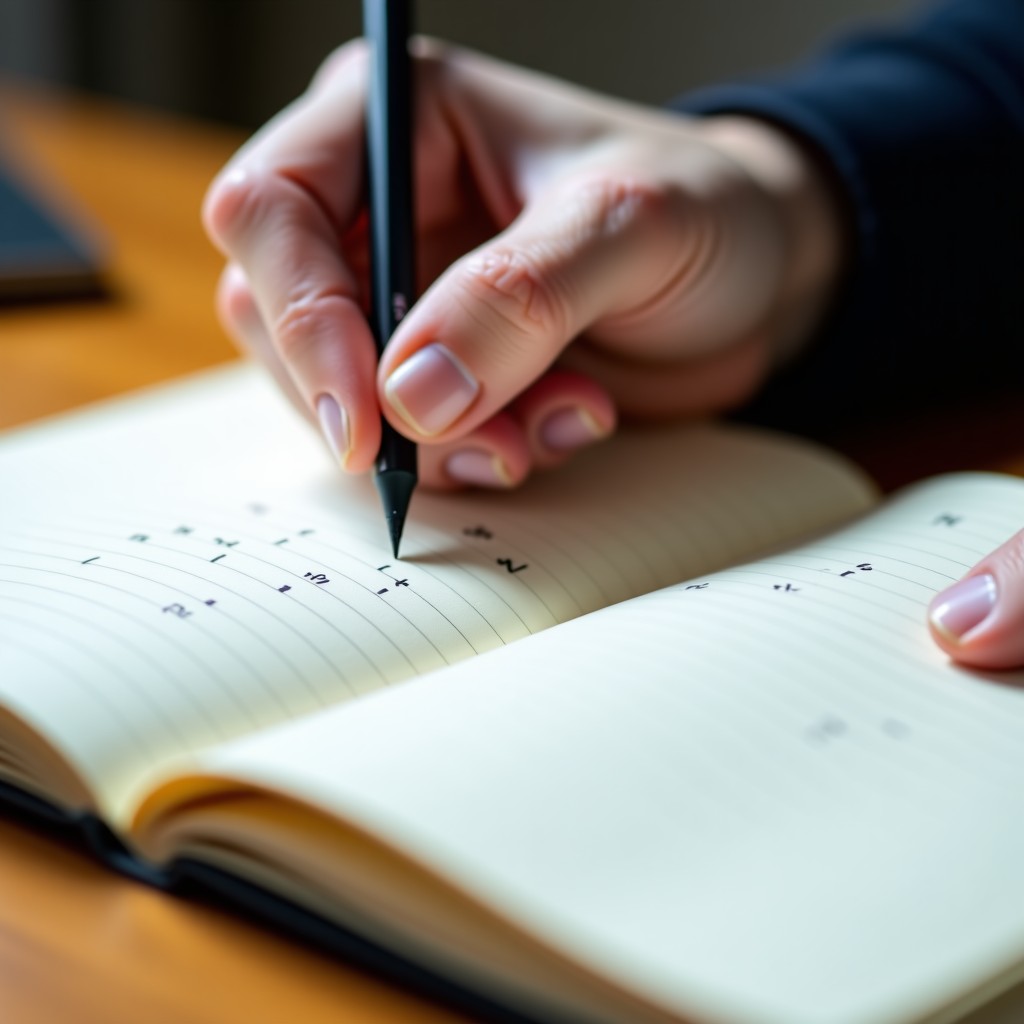 Close-up shot of a person writing Korean characters in a notebook with a matte black Orenznero mechanical pencil. Focus on the metal tip touching the paper, warm indoor lighting, professional photography style, 4:3.