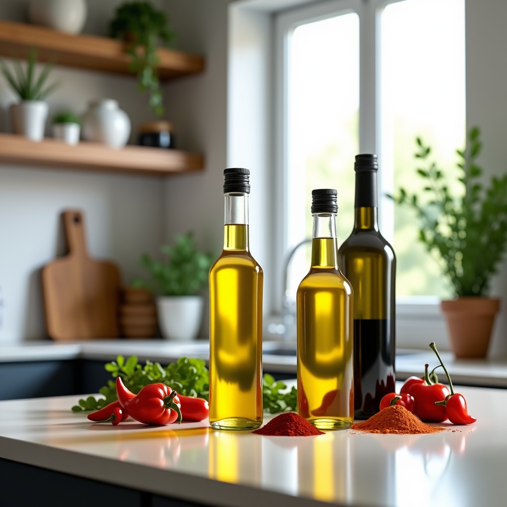 A collection of olive oil bottles, red chili powder, and cooking wine bottles arranged on a modern kitchen counter. The scene is bright and clean, emphasizing a domestic lifestyle. High resolution, realistic style. 1:1