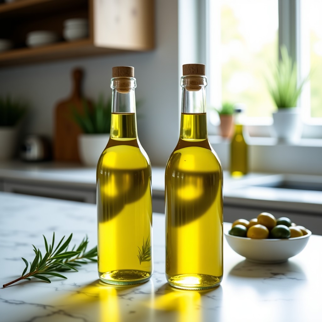 Aesthetic kitchen interior with glass bottles of olive oil and avocado oil arranged on a marble countertop. A small bowl of fresh olives and a sprig of rosemary are nearby. Soft daylight coming from a window. Professional food photography style. 4:3