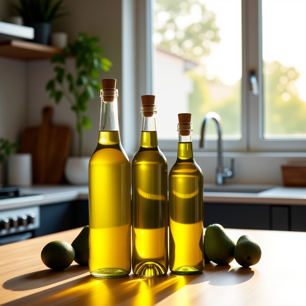 High-quality glass bottles of extra virgin olive oil and avocado oil arranged on a modern kitchen counter. Soft sunlight coming from a window, warm and cozy atmosphere, realistic lifestyle photography. 4:3