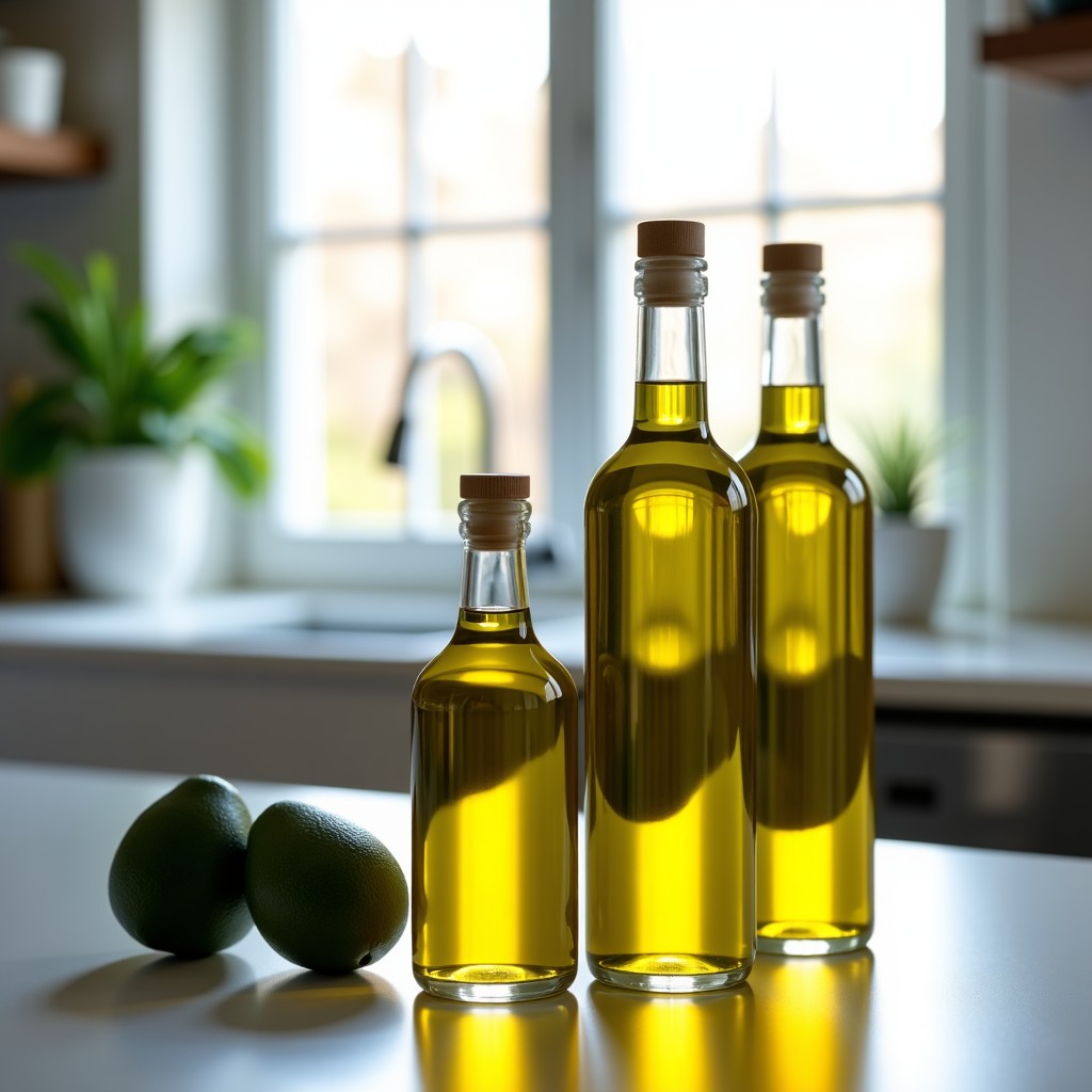 Close-up of premium olive oil and avocado oil glass bottles on a clean modern kitchen counter, soft natural lighting from a window, realistic high-quality photography, 4:3
