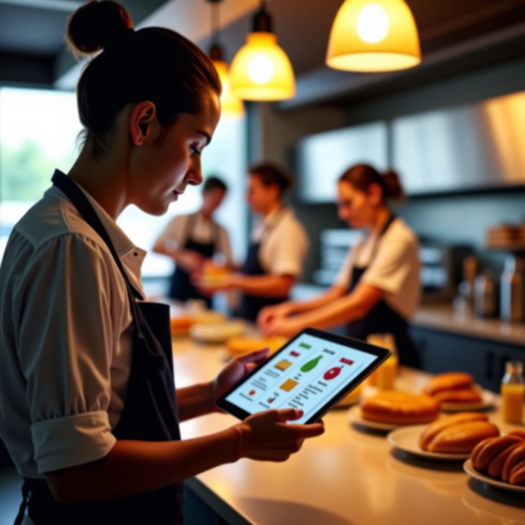 A fast-food restaurant manager holding a digital tablet that displays inventory status icons like soda and buns. In the background, staff are working efficiently. The lighting is warm and the setting is a busy but organized professional kitchen. 4:3