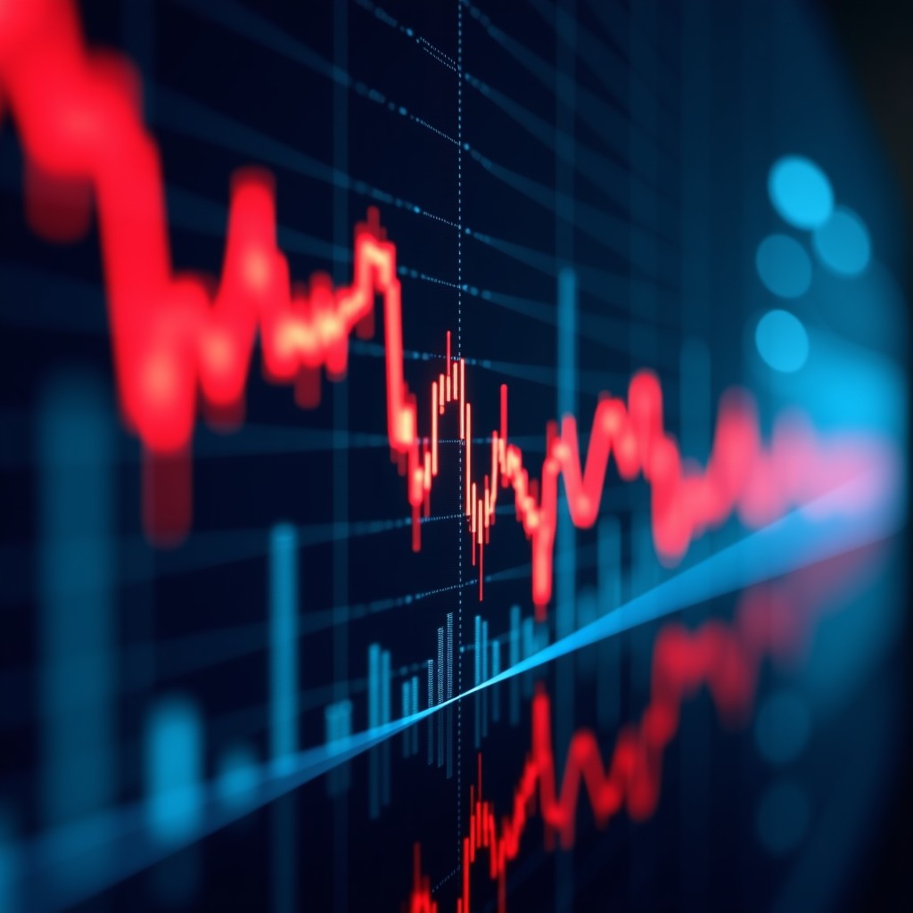 A professional cinematic shot of a digital stock market display showing a significant downward trend with red glowing lines. In the background, a subtle representation of a quantum processor is visible. The atmosphere is serious and focused on financial data analysis. High quality, 4:3