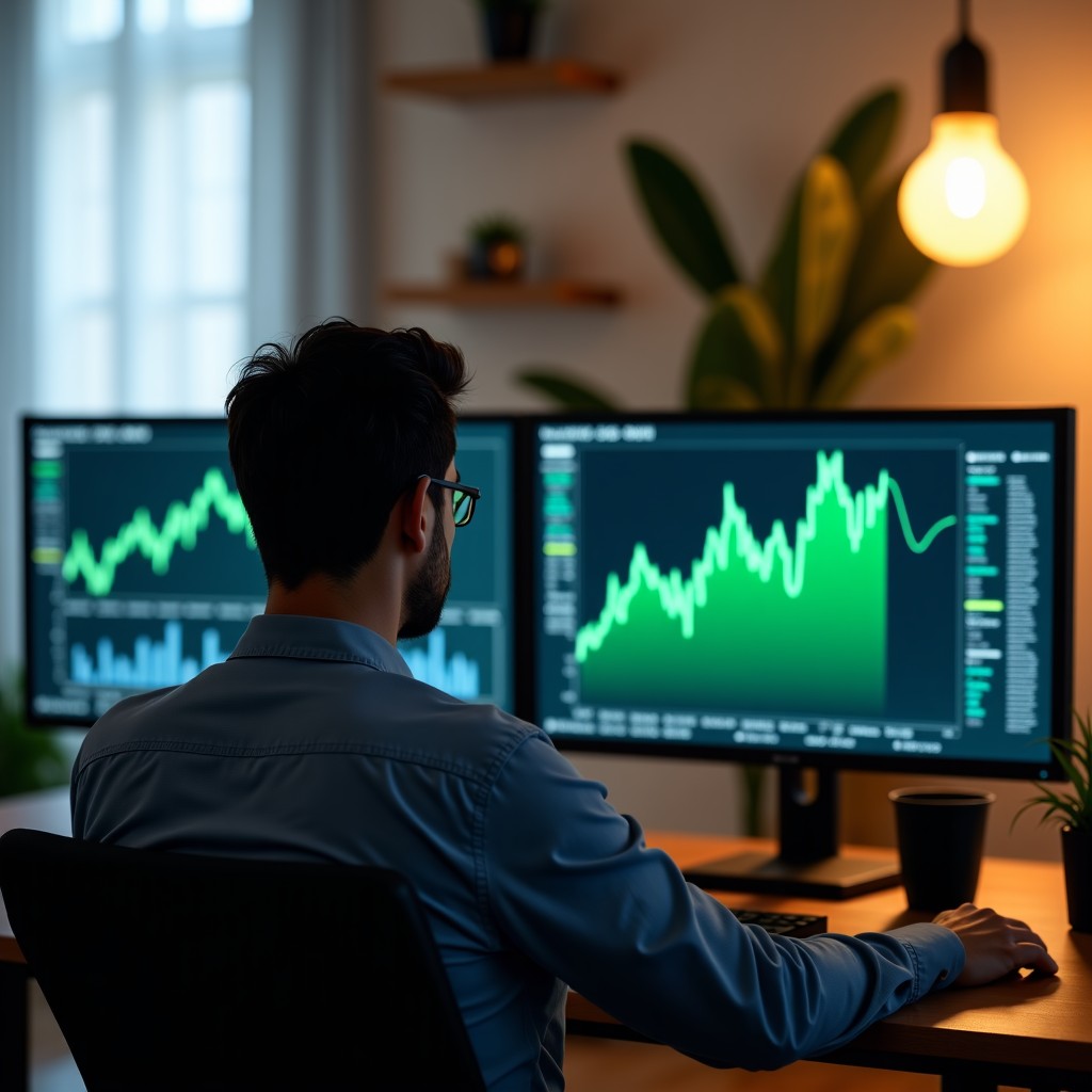 A focused person in a modern home office looking at multiple monitors displaying financial charts and green stock graphs. Soft natural lighting, realistic lifestyle photography, 1:1