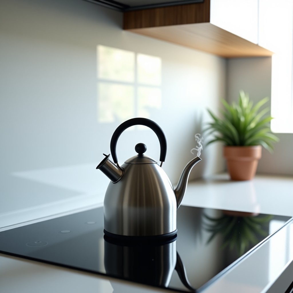 A modern kettle boiling water on a stove in a clean, bright kitchen. Steam is coming out of the spout. High contrast, modern interior design. 4:3