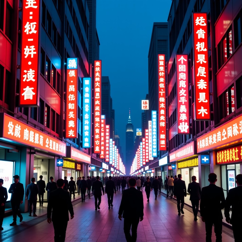 A vibrant street view of Shanghai China with colorful neon signs in Chinese characters busy pedestrians and modern architecture cinematic lighting high contrast. 4:3